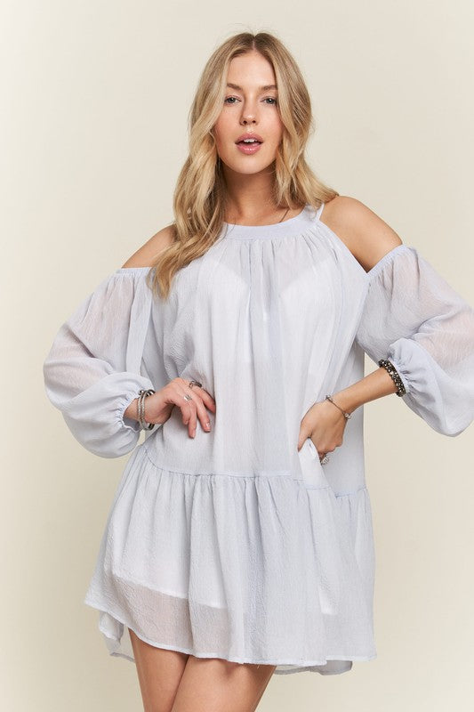 Hazel Blues® |  ADORA Cold Shoulder Balloon Sleeve Mini Dress