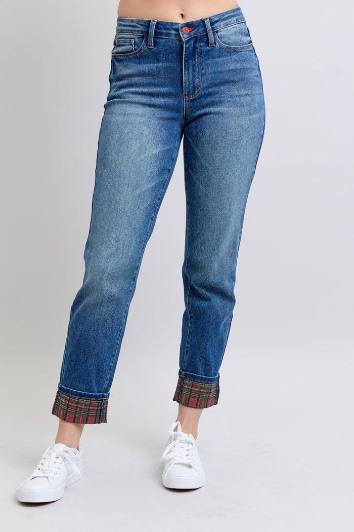 Hazel Blues® |  Judy Blue Plaid Print Cuff Straight Leg Jeans with Pockets