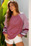 Hazel Blues® |  Black Contrast Print Striped Raglan Long Sleeve Loose Top