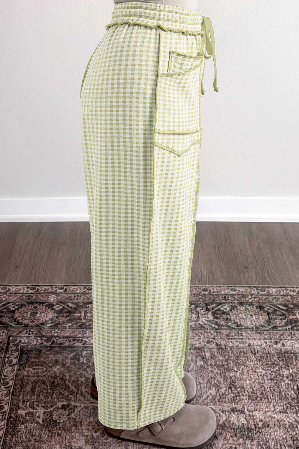 Clara Sage Green Plaid Contrast Trim Drawstring Elastic Waist Shift Pants