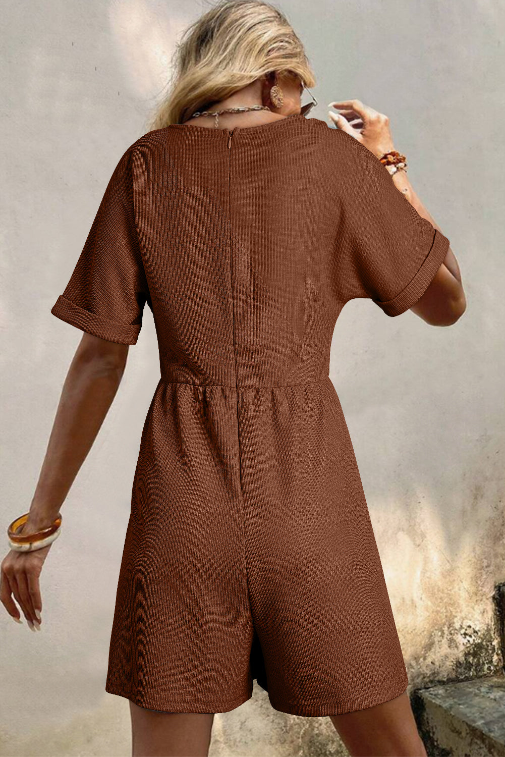 Coffee Solid Color Knit V-Neck Zipped Loose Romper