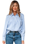 Hazel Blues® |  Sky Blue Stripe Shirred Detail Half Placket Collared Long Sleeve Fall Shirt