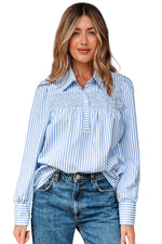 Hazel Blues® |  Sky Blue Stripe Shirred Detail Half Placket Collared Long Sleeve Fall Shirt