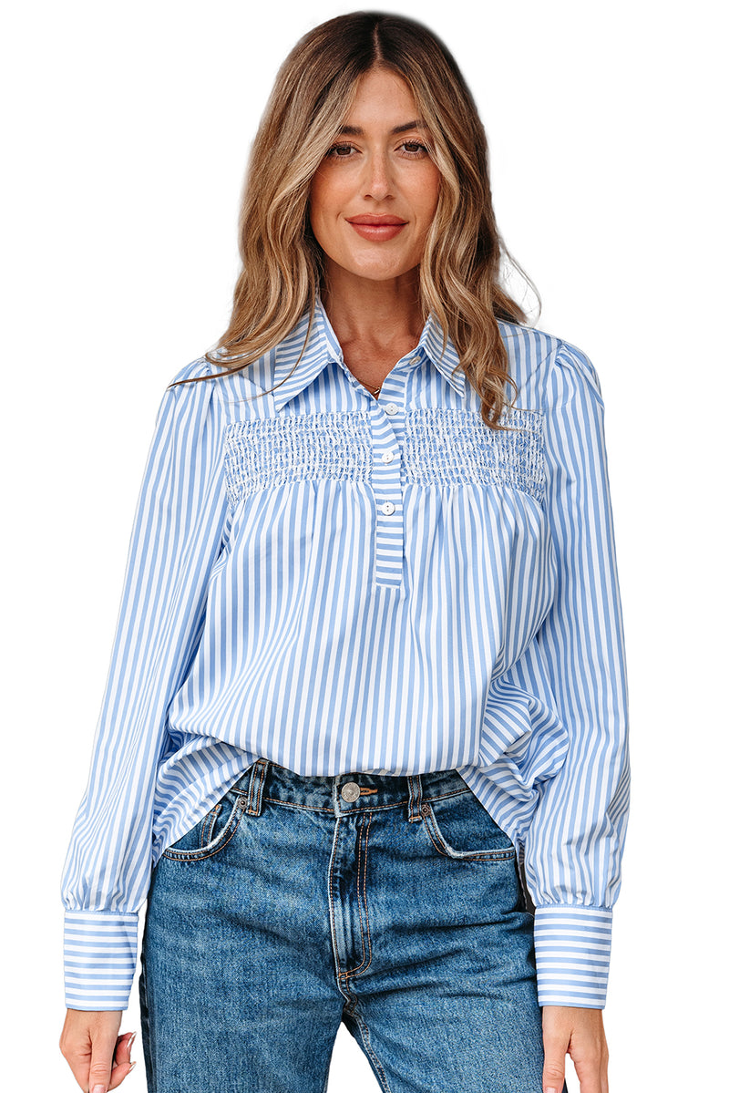 Hazel Blues® |  Sky Blue Stripe Shirred Detail Half Placket Collared Long Sleeve Fall Shirt