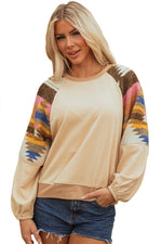 Hazel Blues® |  Light French Beige Aztec Patchwork Raglan Pullover Sweatshirt