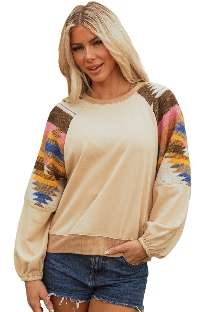 Hazel Blues® |  Light French Beige Aztec Patchwork Raglan Pullover Sweatshirt