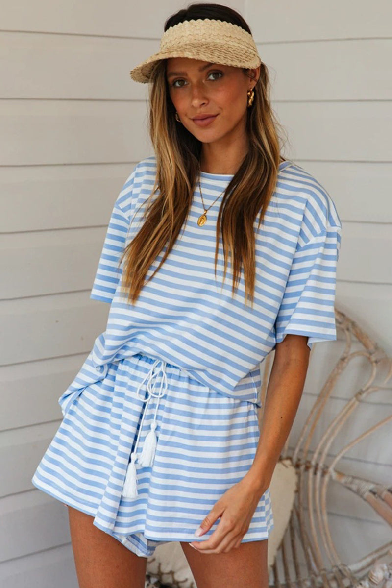 Hazel Blues® |  Striped Round Neck Top and Shorts Set