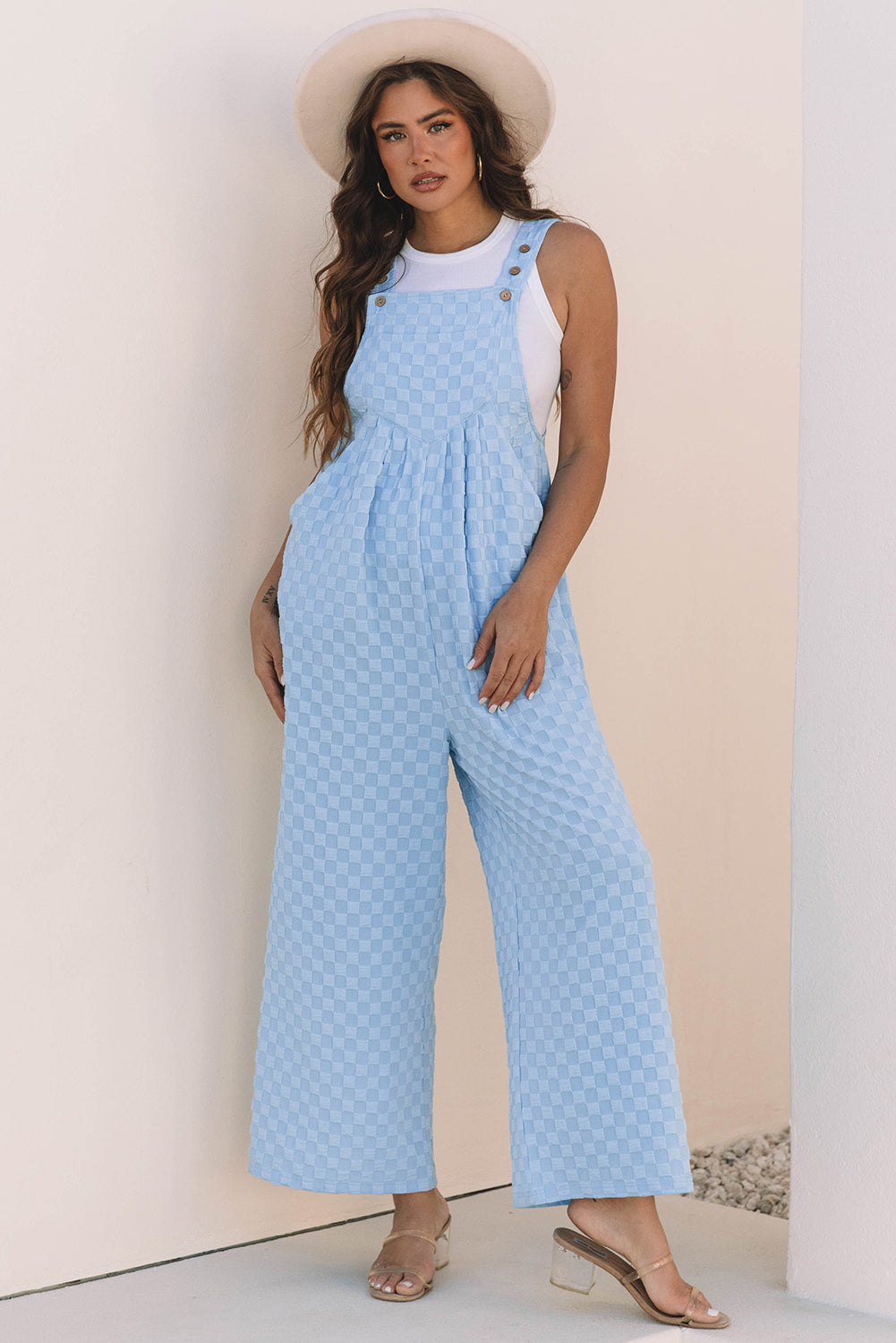 Hazel Blues® |  Beau Blue Checkered Pocketed High Waist Wide Leg Overall