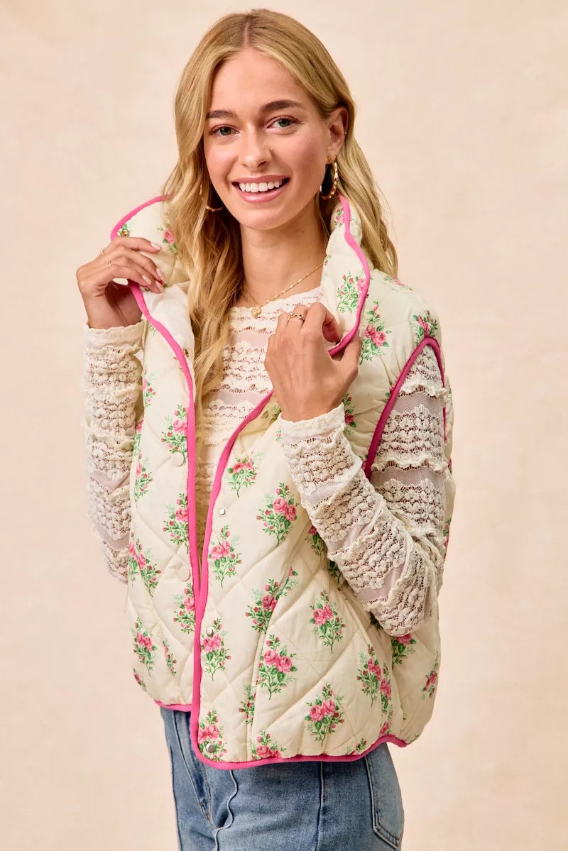 Bibi Floral Print Piping Detail Quilted Vest | Floral Vest – Hazel