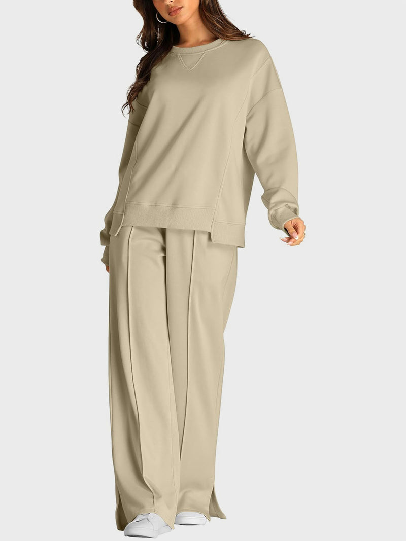 Hazel Blues® |  Round Neck Long Sleeve Top and Slit Pants Set