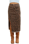 Hazel Blues® |  Brown Leopard Denim Frayed Split Denim Midi Skirt