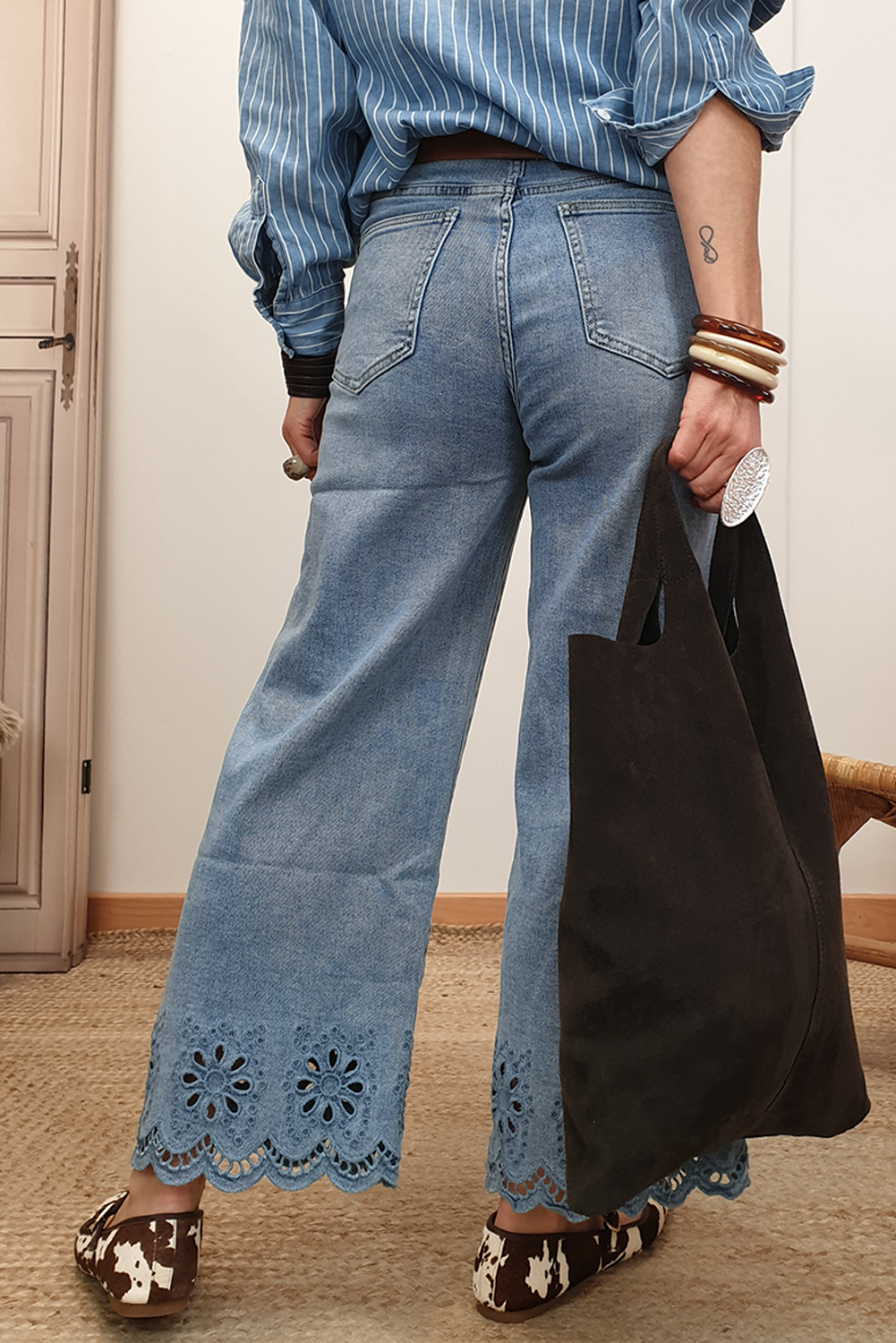 Hazel Blues® |  Dusk Blue Embroidered Cropped Wide Leg High Waist Jeans