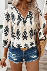 Hazel Blues® |  Printed V-Neck Three-Quarter Sleeve Blouse