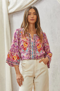 Hazel Blues® |  Print Embroidery Tunic Top