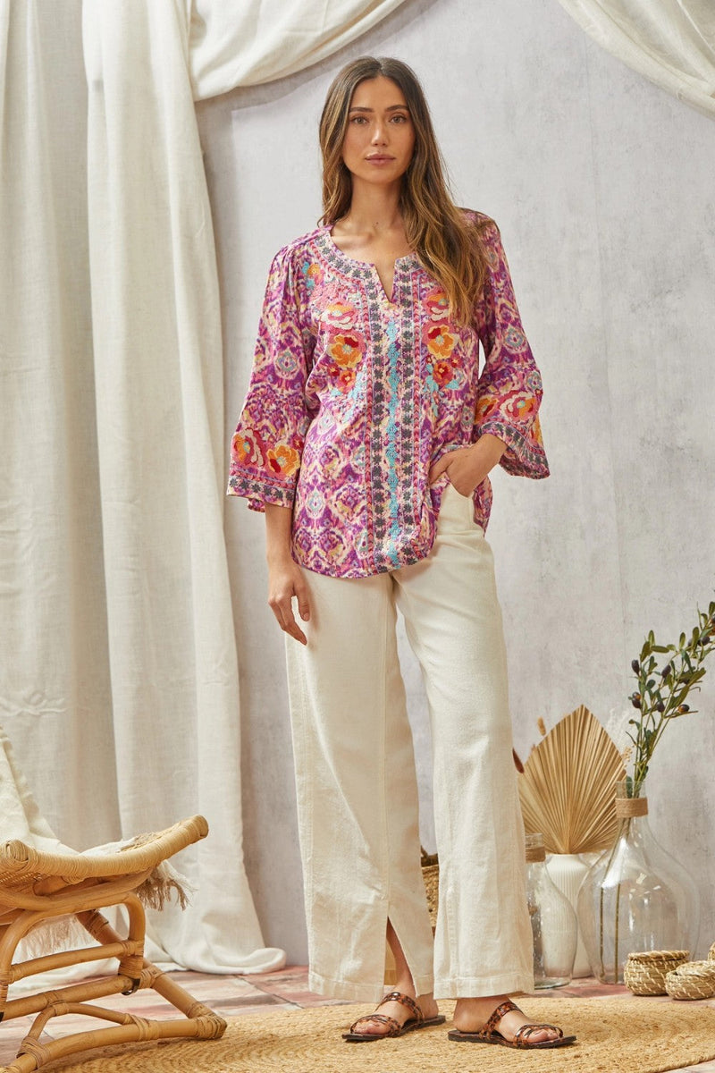 Hazel Blues® |  Print Embroidery Tunic Top