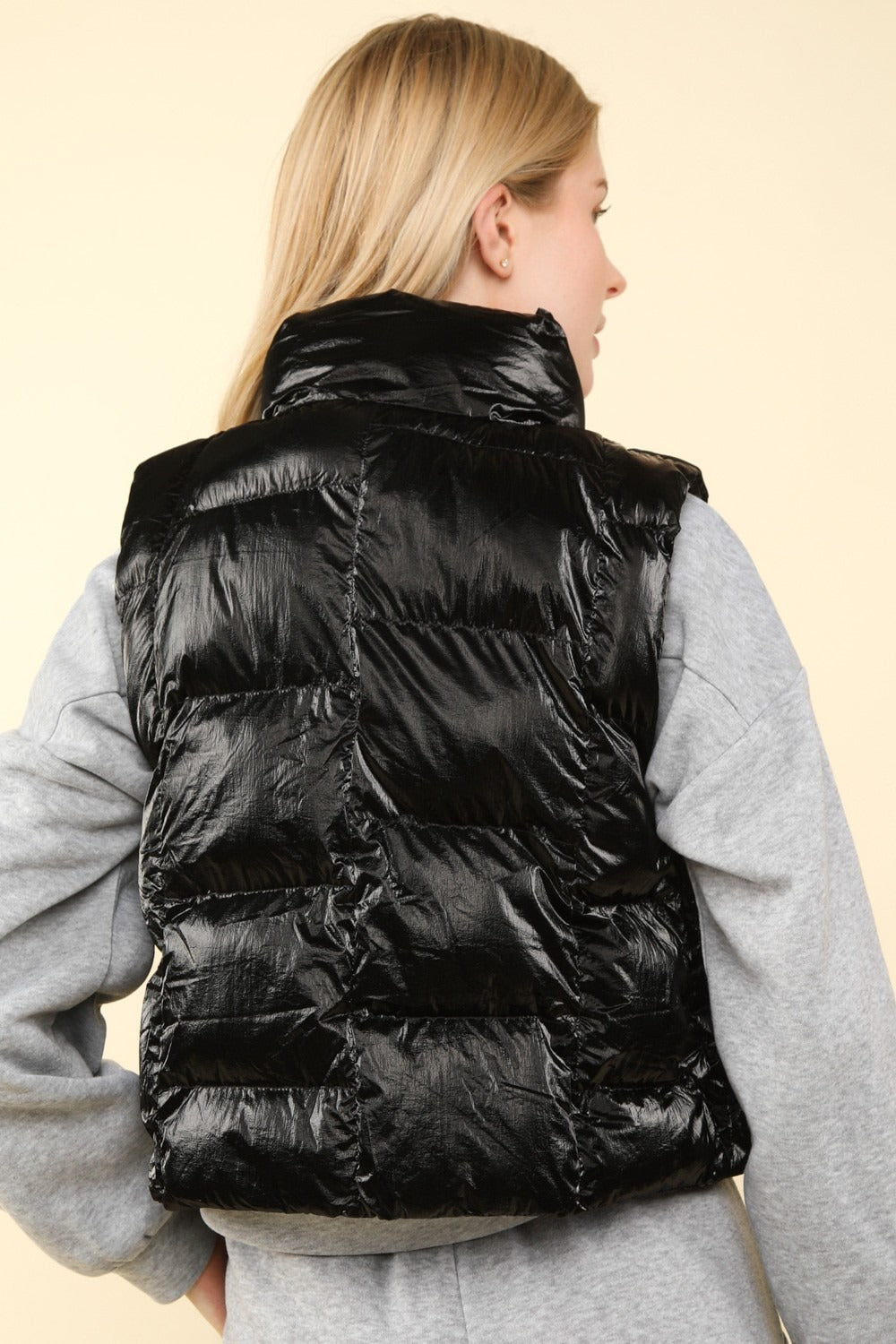 Hazel Blues® |  VERY J Shiny Metallic Zip Up Puffer Vest