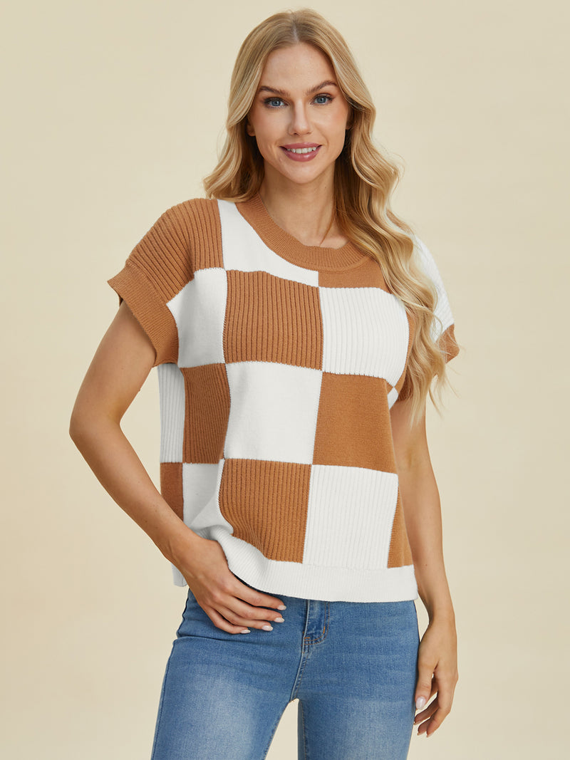 Hazel Blues® |  Double Take Checkered Round Neck Short Sleeve Sweater