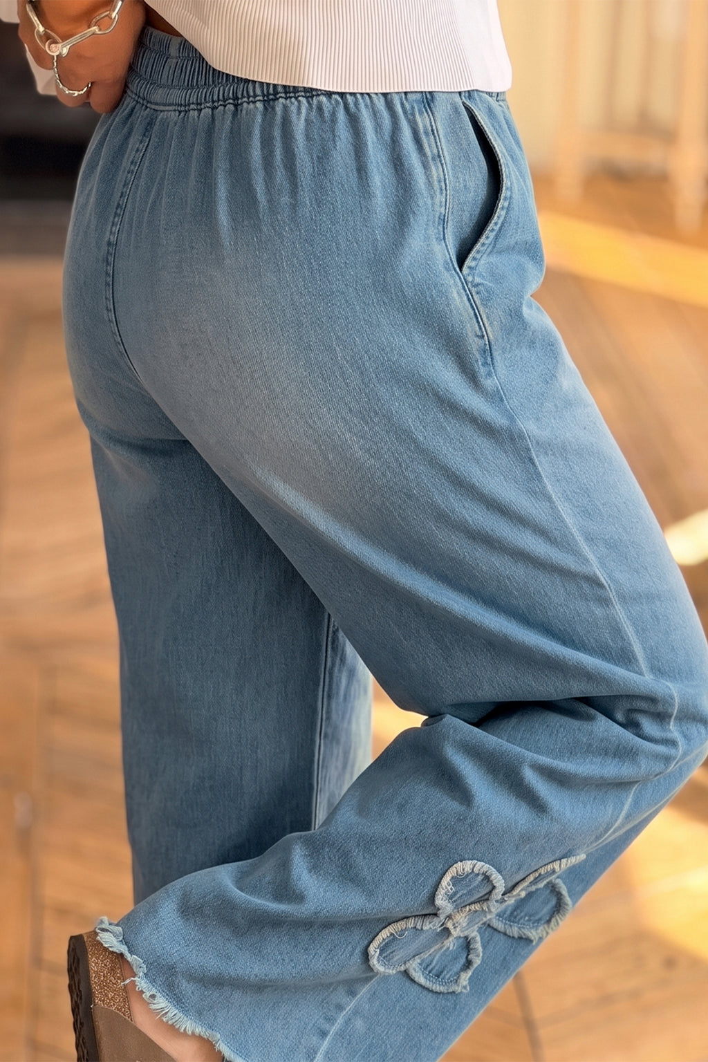Nora Jean Blue Floral Wide-Leg Patch Jeans