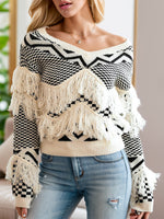 Hazel Blues® |  Geometric Fringe Detail V-Neck Sweater