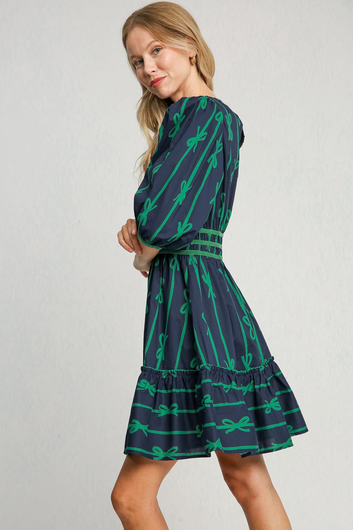 Hazel Blues® |  Umgee Ribbon Print Frill Contrast Velvet Trim Half Sleeve Dress