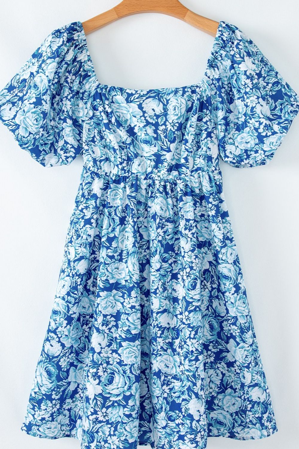 Blue Floral Puff Sleeve Babydoll Mini Dress Blue / M / 100%Polyester