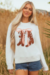 Hazel Blues® |  White Embroidered Bow Boots Graphic Drop Shoulder Sweater