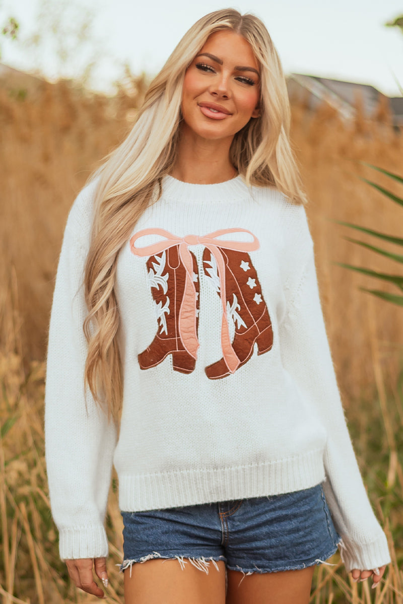 Hazel Blues® |  White Embroidered Bow Boots Graphic Drop Shoulder Sweater