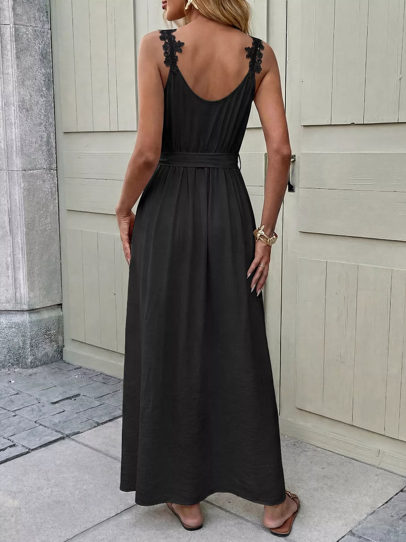 lace trim slit dress Eyelash Lace Trim Split Thigh Cami Dress Black / M