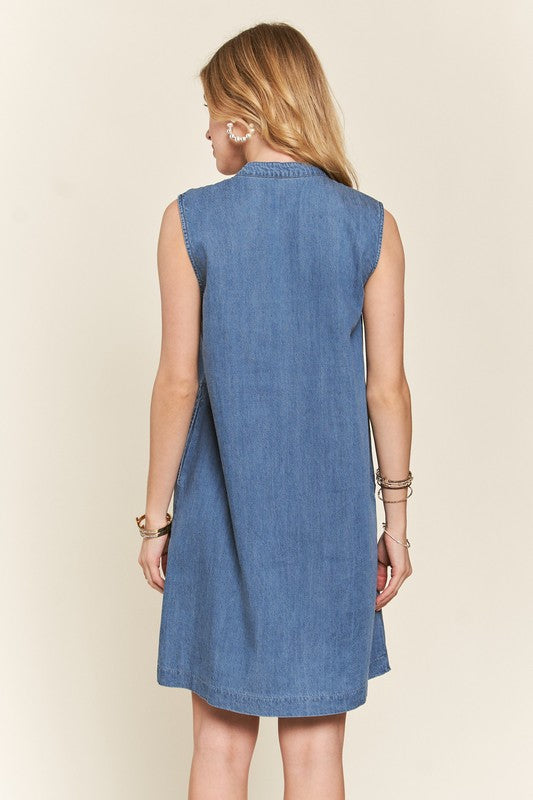 Hazel Blues® |  ADORA Notched Sleeveless Denim Dress with Pockets