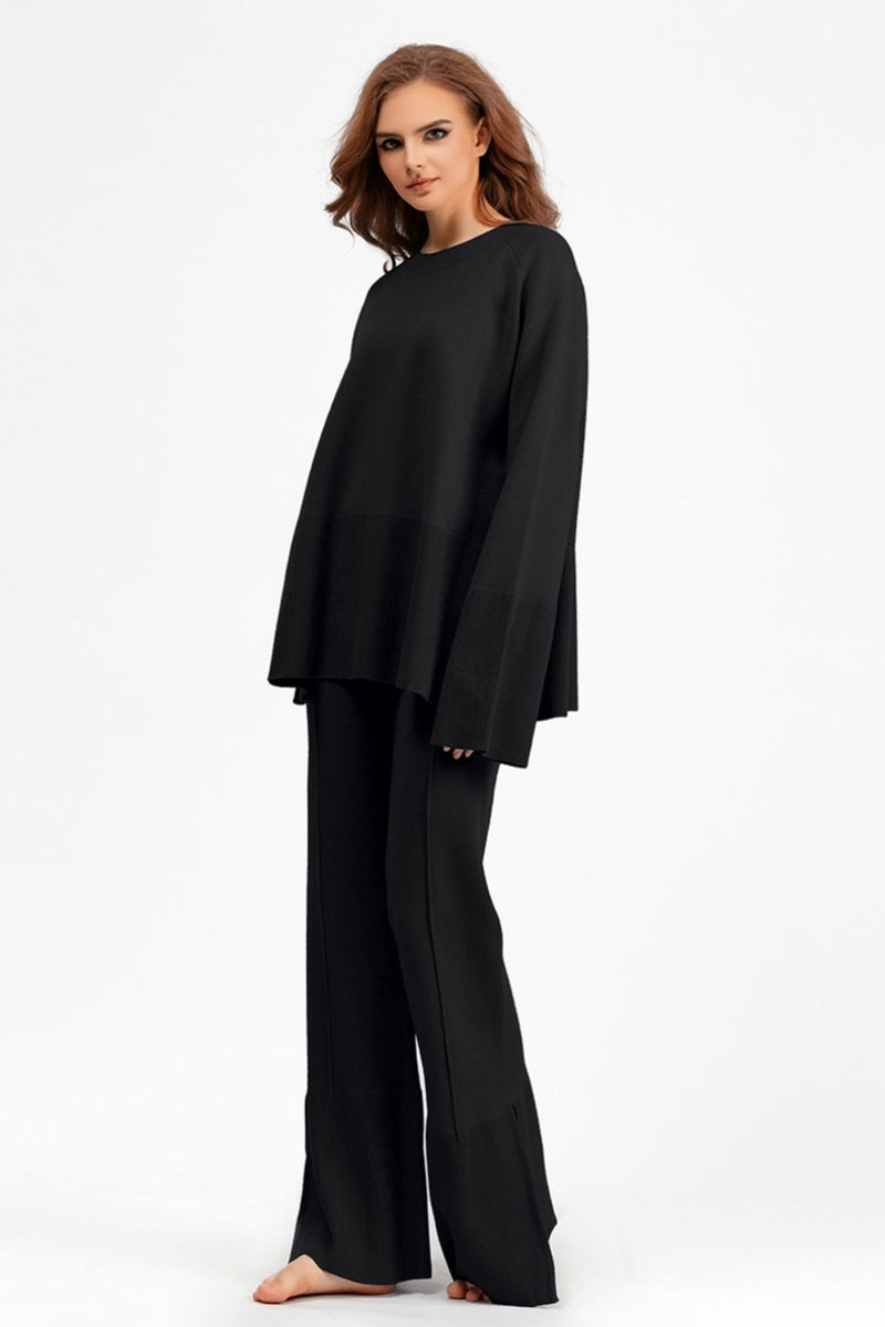 Hazel Blues® |  Basic Bae Slit Round Neck Long Sleeve Top and Drawstring Pants Sweater Set