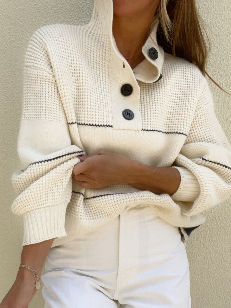 Hazel Blues® |  Waffle-Knit Half Button Long Sleeve Sweater