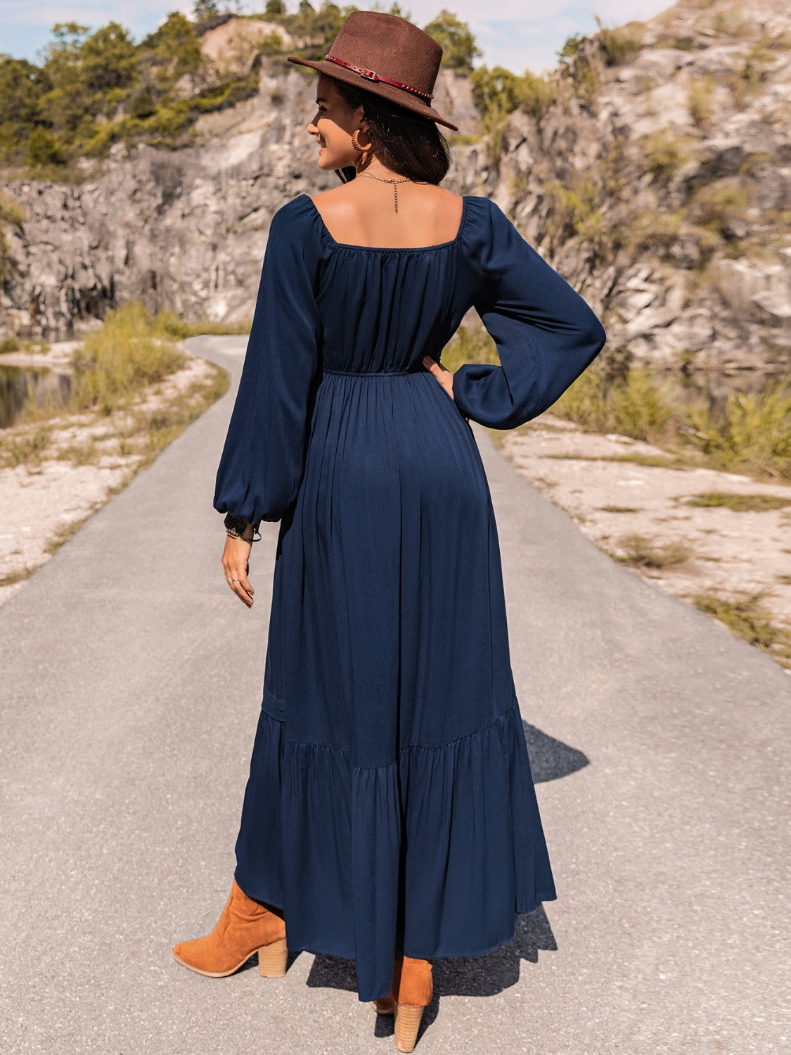 blue cap sleeve maxi dress Six Stories Women's Cap Sleeve Pleated Maxi Dress