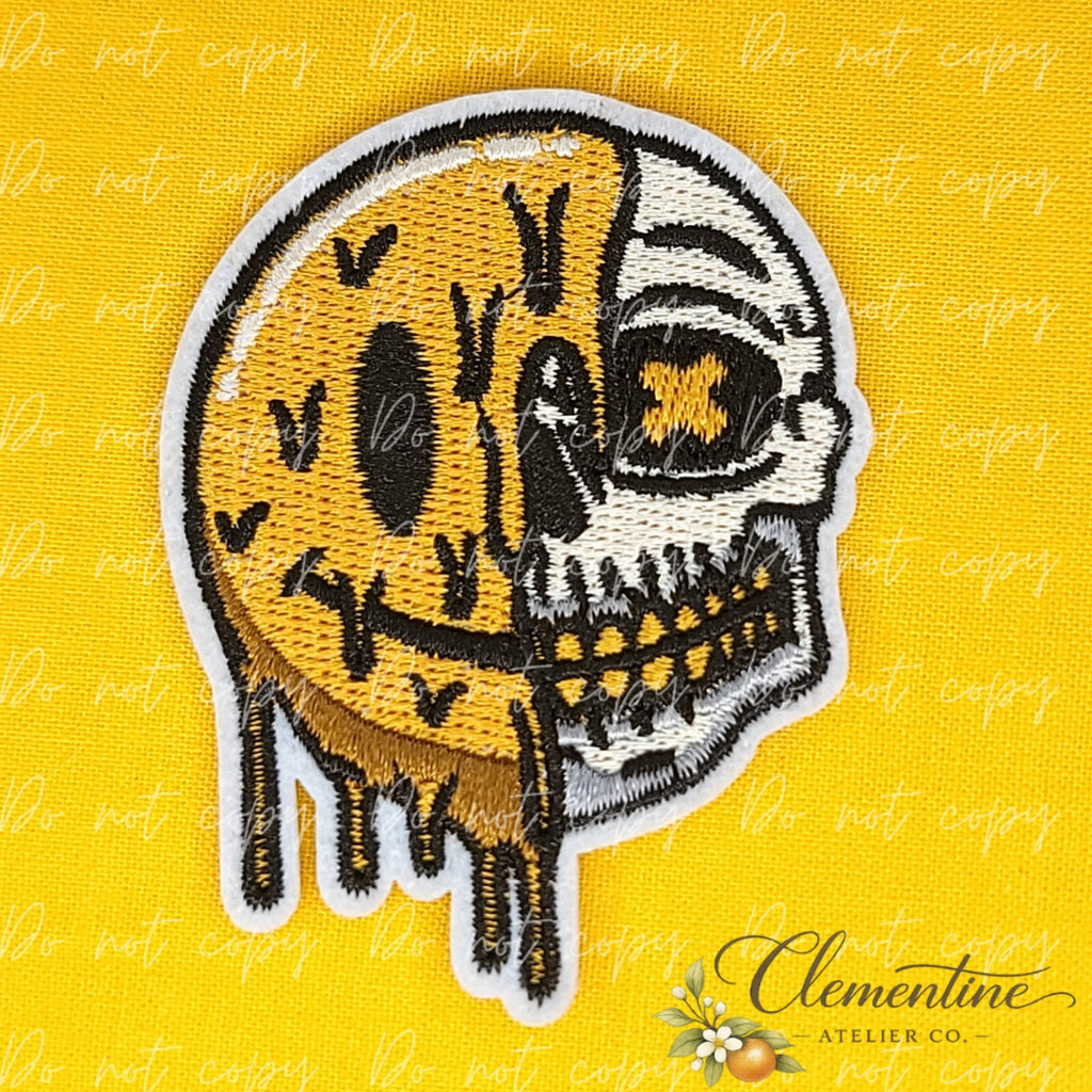 Half Smiley Half Skull | Halloween Patch | Small Iron-On Patch |  Hats, Clothing, Bags+