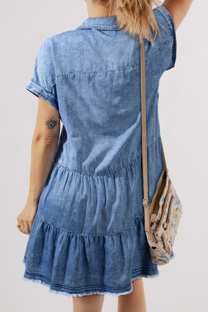 Hazel Blues® |  Raw Hem Collared Neck Short Sleeve Denim Dress