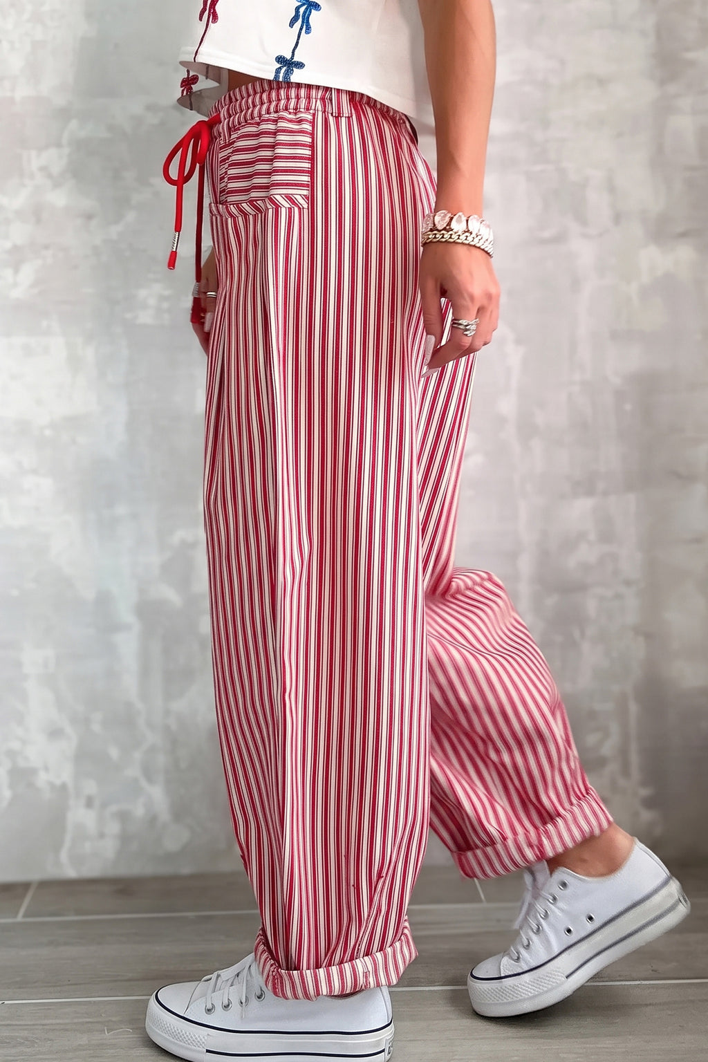 Caroline Grace Red Stripe Drawstring Casual Loose Pants