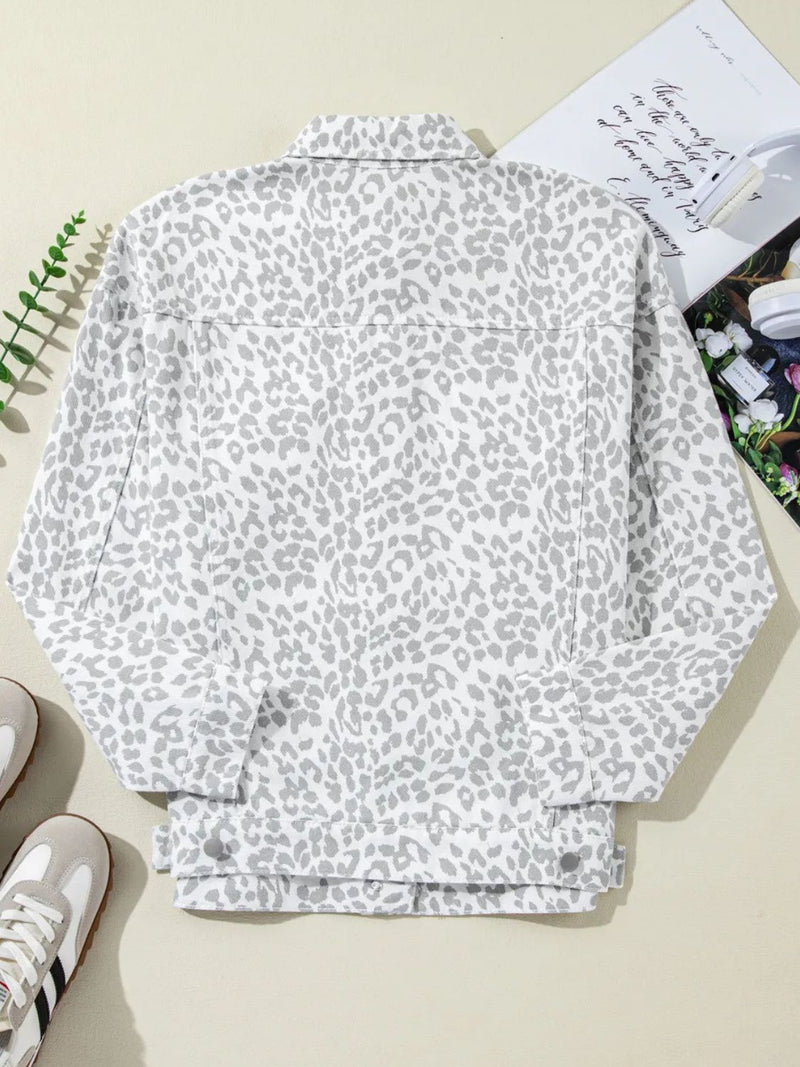 Hazel Blues® |  Leopard Button Up Long Sleeve Denim Jacket