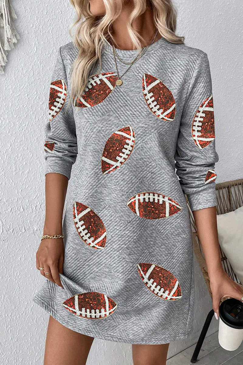 Hazel Blues® |  Gray Sequin Football Graphic Textured Long Sleeve Shift Mini Dress