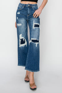 Hazel Blues® |  Risen High Rise Patch Detailed Wide Leg Crop Jeans