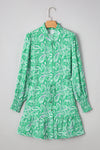 Hazel Blues® |  Green Paisley Print Long Sleeve Button Front Tied Waist Mini Dress