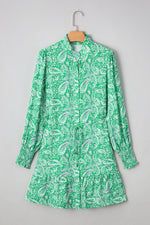 Hazel Blues® |  Green Paisley Print Long Sleeve Button Front Tied Waist Mini Dress