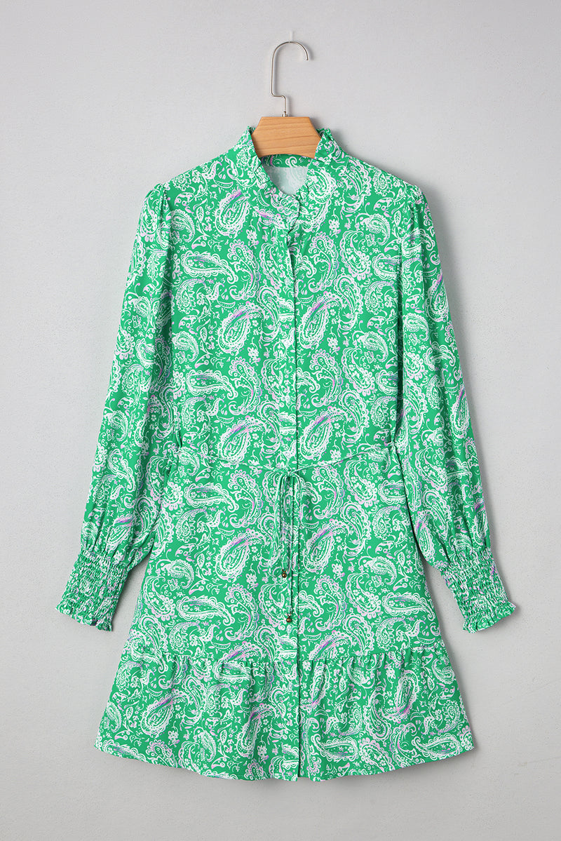 Hazel Blues® |  Green Paisley Print Long Sleeve Button Front Tied Waist Mini Dress