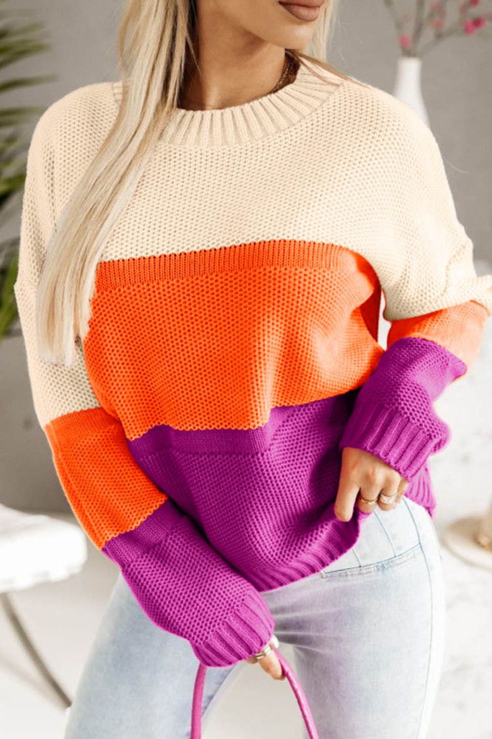 Hazel Blues® |  Color Block Drop Shoulder Round Neck Sweater