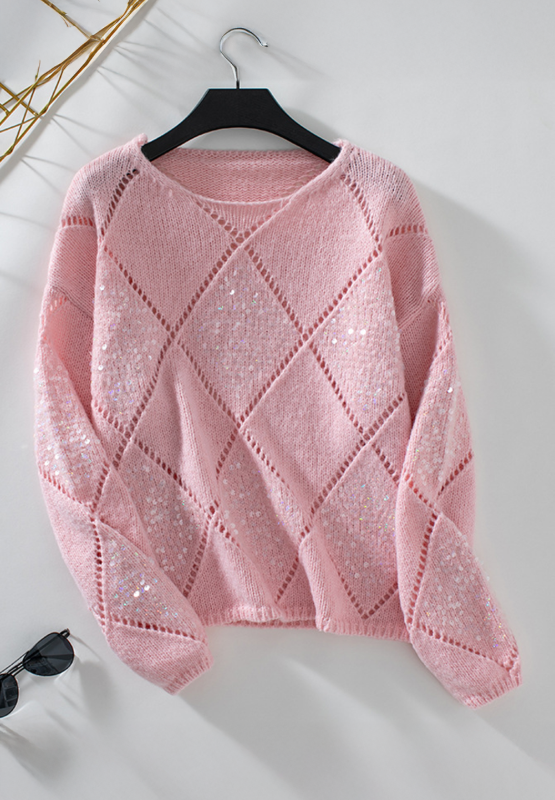 Hazel Blues® |  Openwork Sequin Round Neck Long Sleeve Sweater