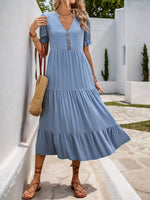 Hazel Blues® |  Perfee Decorative Button Notched Short Sleeve Midi Dress