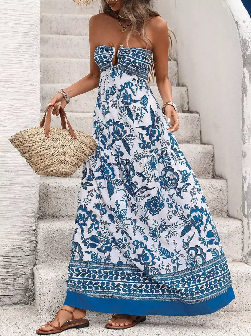 Hazel Blues | Floral Print Strapless Maxi Dress