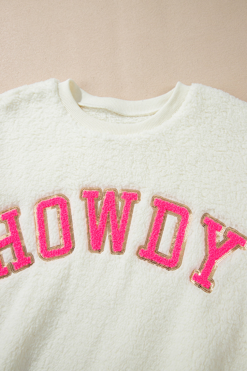 Hazel Blues® |  HOWDY Patched Round Neck Sherpa Sweatshirt