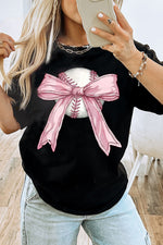 Hazel Blues® |  Black Baseball Bow Knot Print Round Neck T Shirt