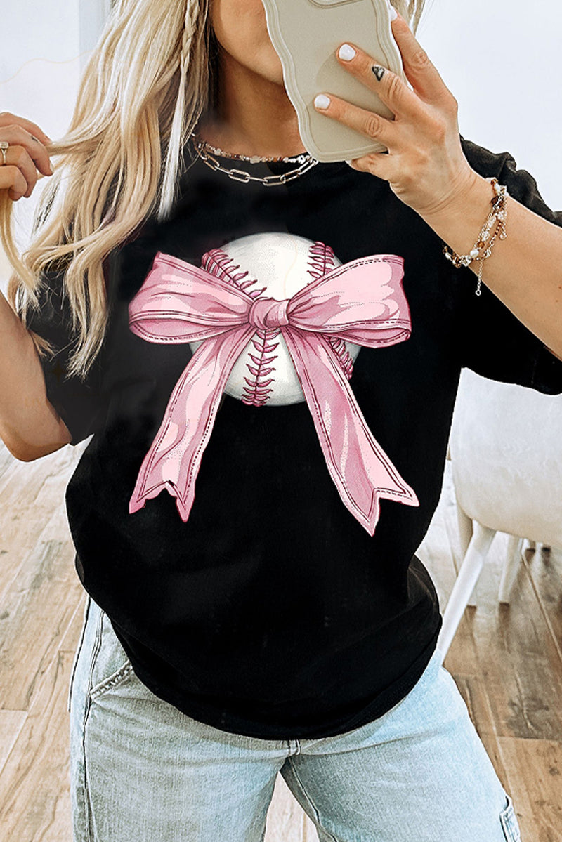 Hazel Blues® |  Black Baseball Bow Knot Print Round Neck T Shirt