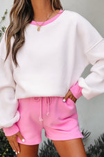 Hazel Blues® |  Strawberry Pink Color Block Pullover and Lace-up Elastic Waist Shorts Set