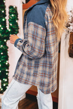 Hazel Blues® |  Gray Plaid Corduroy Patchwork Collared Zip Up Snap Button Jacket